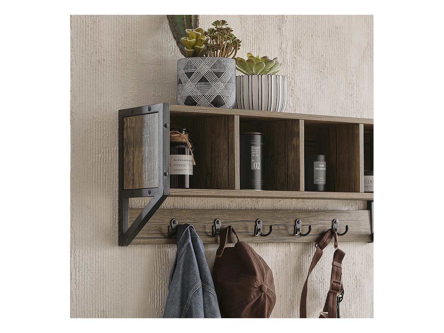 Porte Manteau Mural Étagère de Rangement avec 4 Compartiments et 5 Crochets, FHK25-N