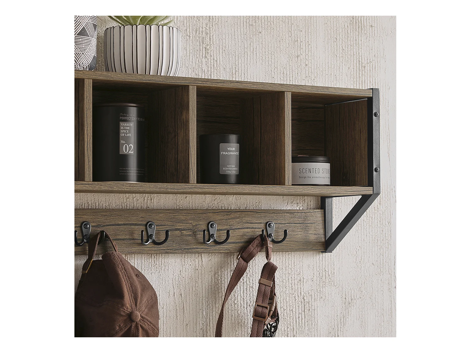 Porte Manteau Mural Étagère de Rangement avec 4 Compartiments et 5 Crochets, FHK25-N