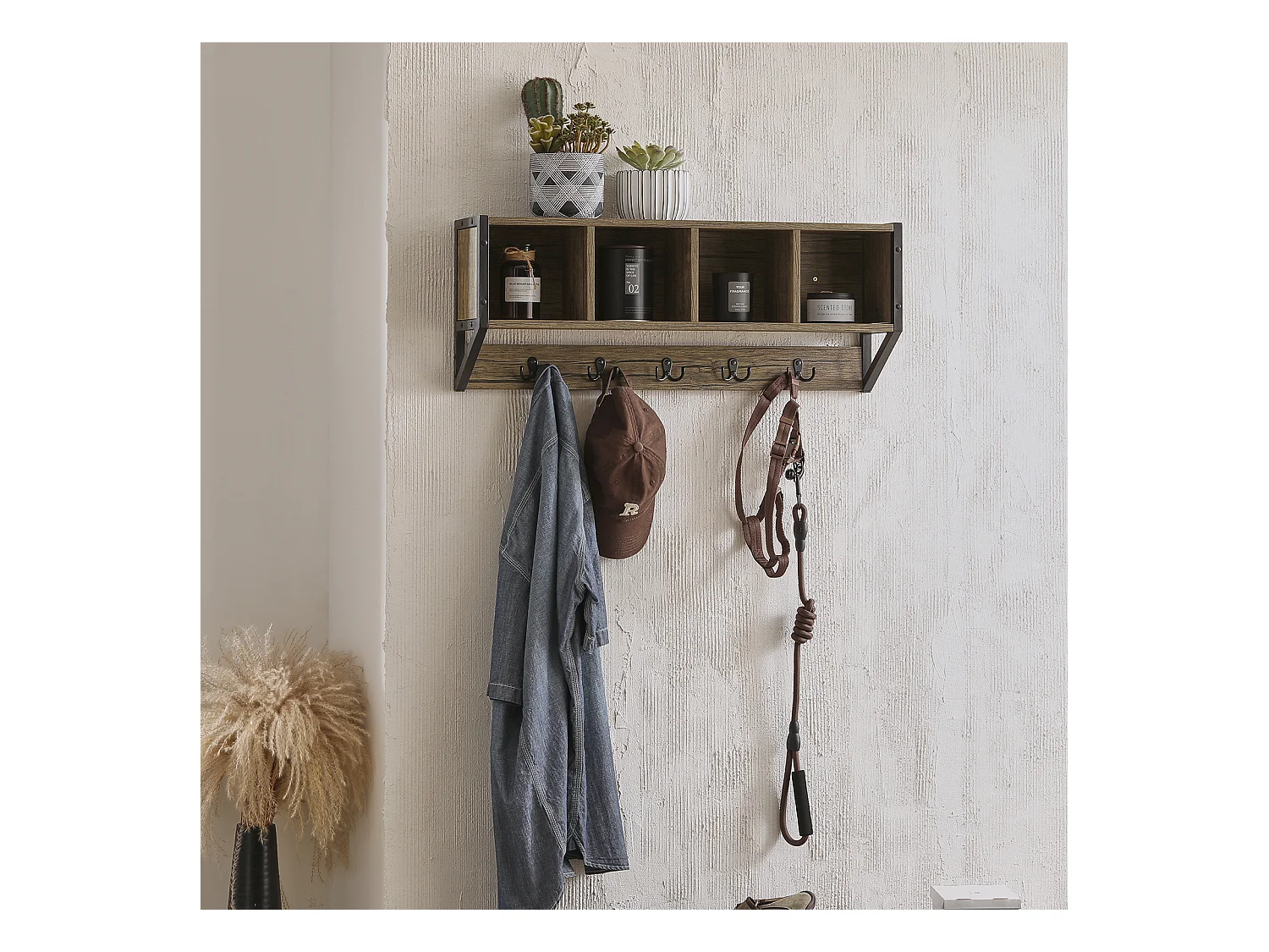 Porte Manteau Mural Étagère de Rangement avec 4 Compartiments et 5 Crochets, FHK25-N
