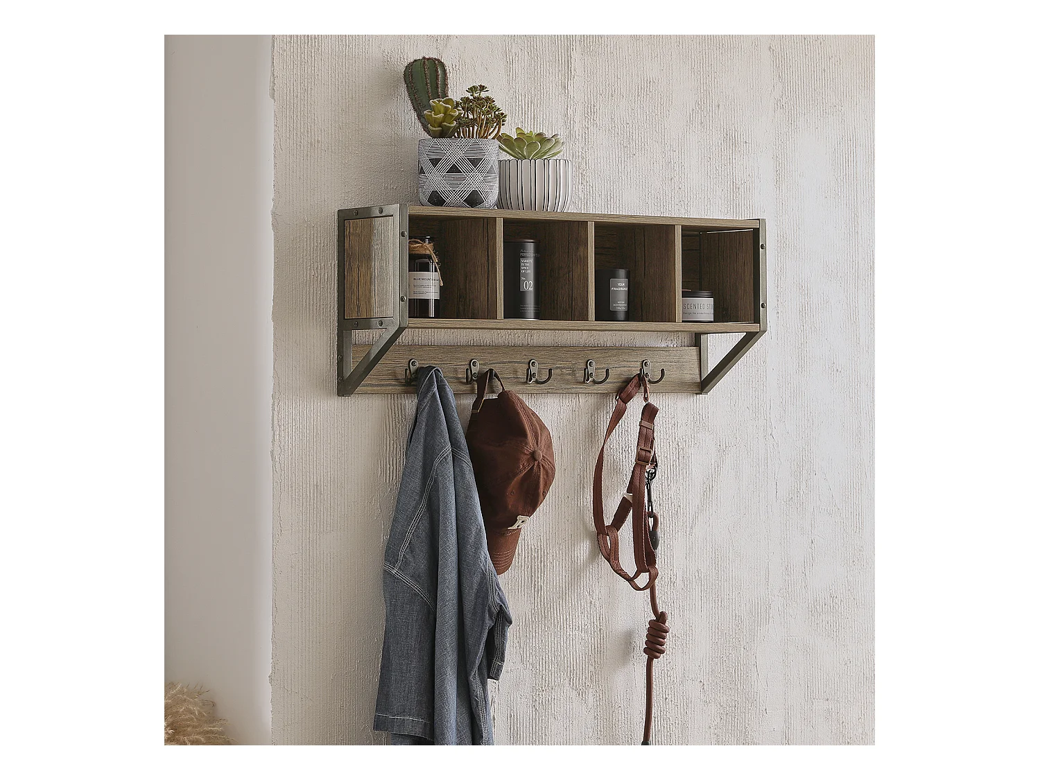 Porte Manteau Mural Étagère de Rangement avec 4 Compartiments et 5 Crochets, FHK25-N