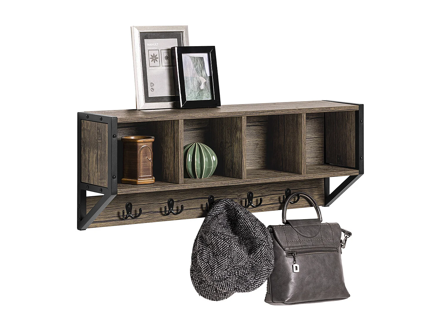 SoBuy FHK25-N Wandkapstok - Muur / Wand Kapstok - Wandplank - Entree Kleedkamer Meubels - Badkamermeubel met 4 Compartimenten en 5 Dubbele Haken