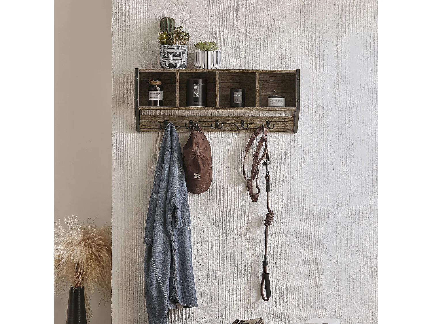 SoBuy FHK25-N Wandkapstok - Muur / Wand Kapstok - Wandplank - Entree Kleedkamer Meubels - Badkamermeubel met 4 Compartimenten en 5 Dubbele Haken