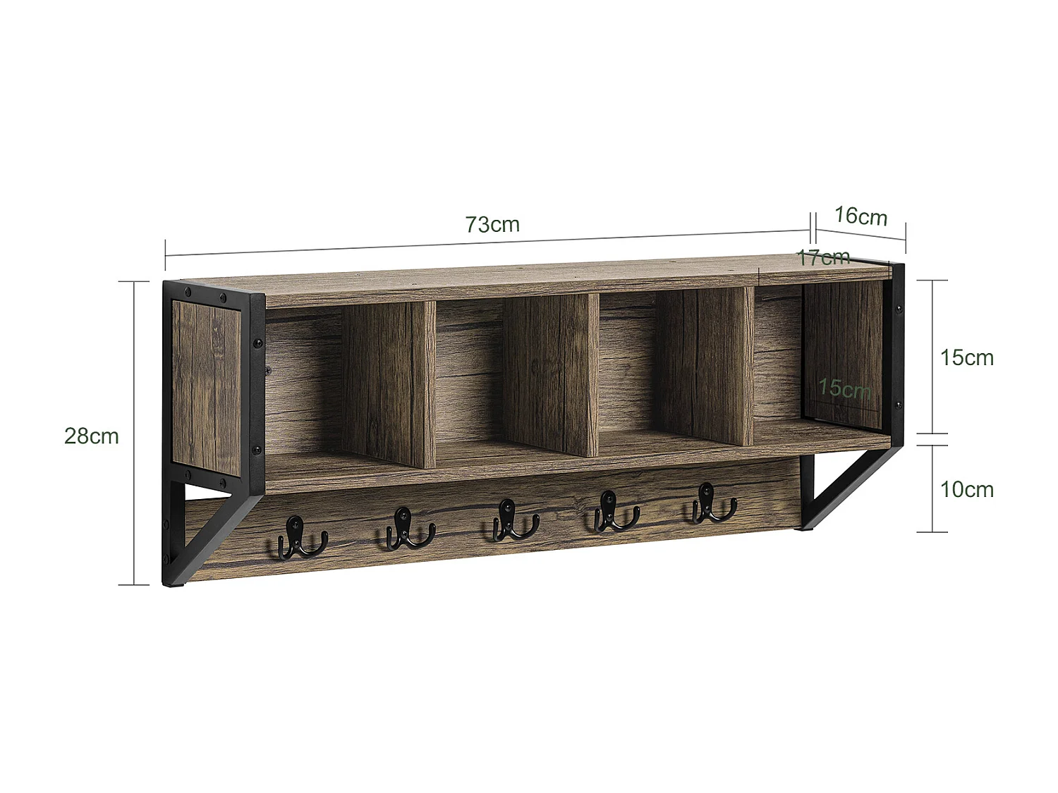 SoBuy FHK25-N Wandkapstok - Muur / Wand Kapstok - Wandplank - Entree Kleedkamer Meubels - Badkamermeubel met 4 Compartimenten en 5 Dubbele Haken