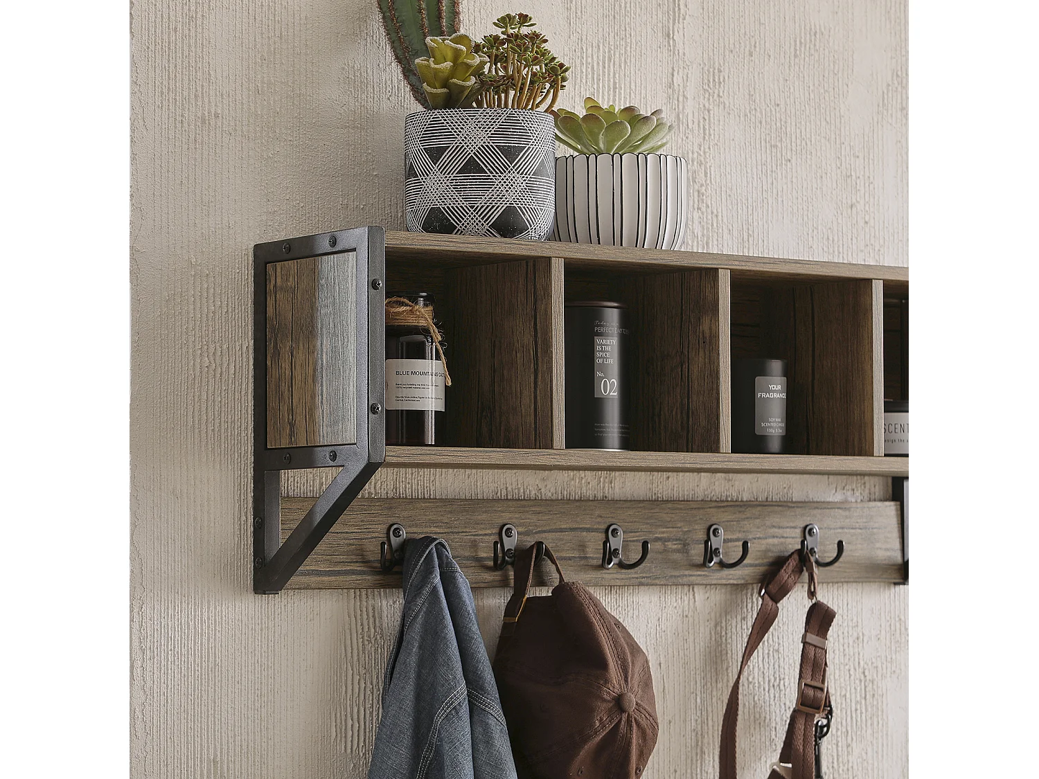 SoBuy FHK25-N Wandkapstok - Muur / Wand Kapstok - Wandplank - Entree Kleedkamer Meubels - Badkamermeubel met 4 Compartimenten en 5 Dubbele Haken