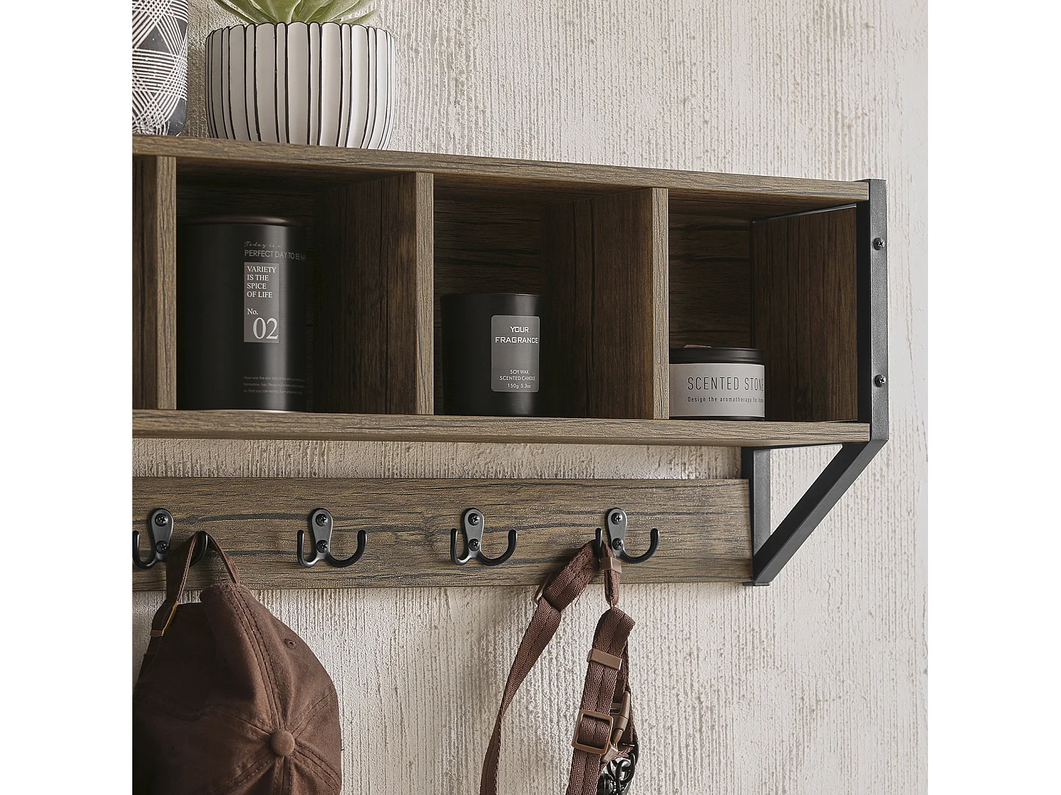 SoBuy FHK25-N Wandkapstok - Muur / Wand Kapstok - Wandplank - Entree Kleedkamer Meubels - Badkamermeubel met 4 Compartimenten en 5 Dubbele Haken