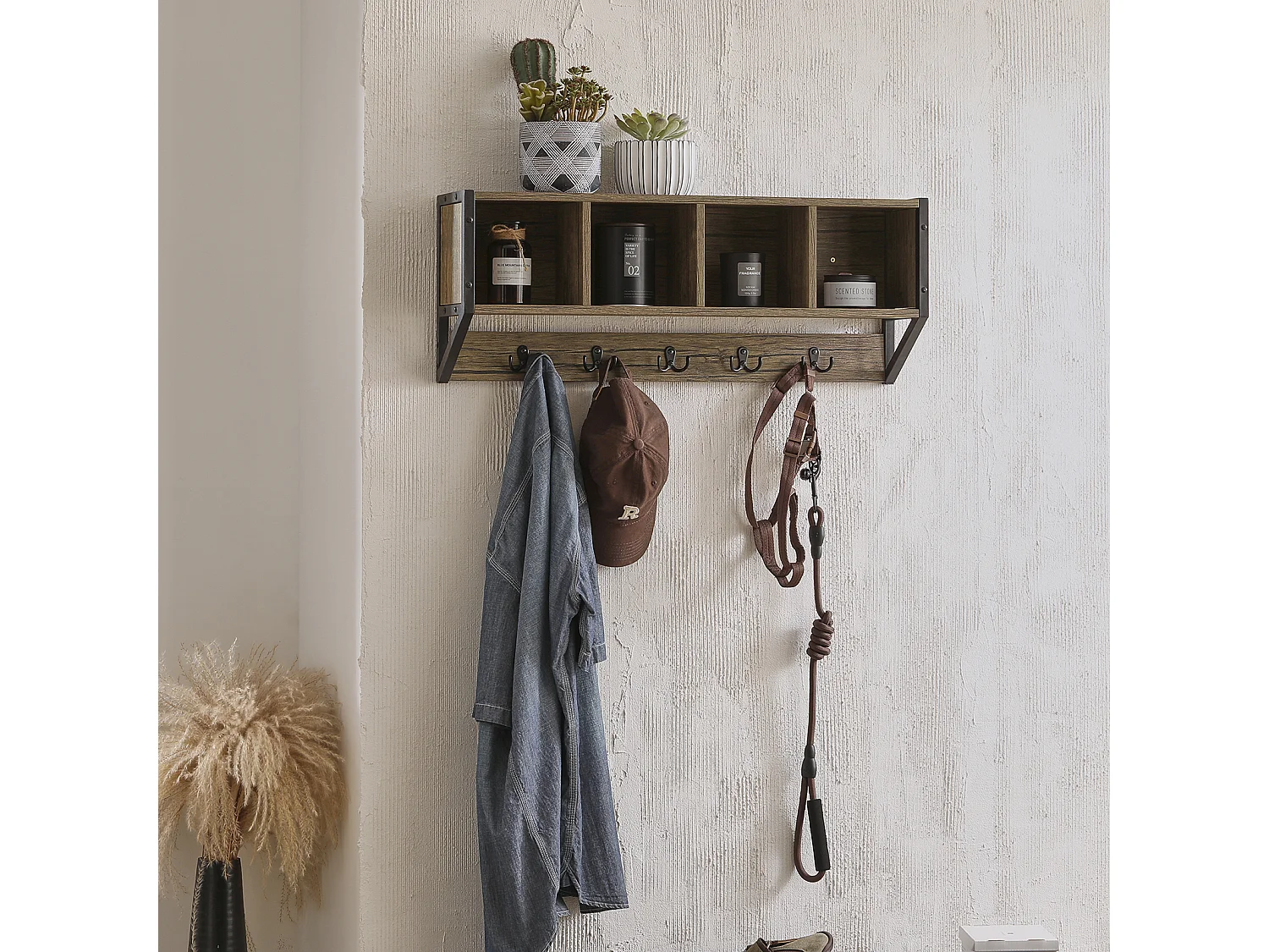 SoBuy FHK25-N Wandkapstok - Muur / Wand Kapstok - Wandplank - Entree Kleedkamer Meubels - Badkamermeubel met 4 Compartimenten en 5 Dubbele Haken