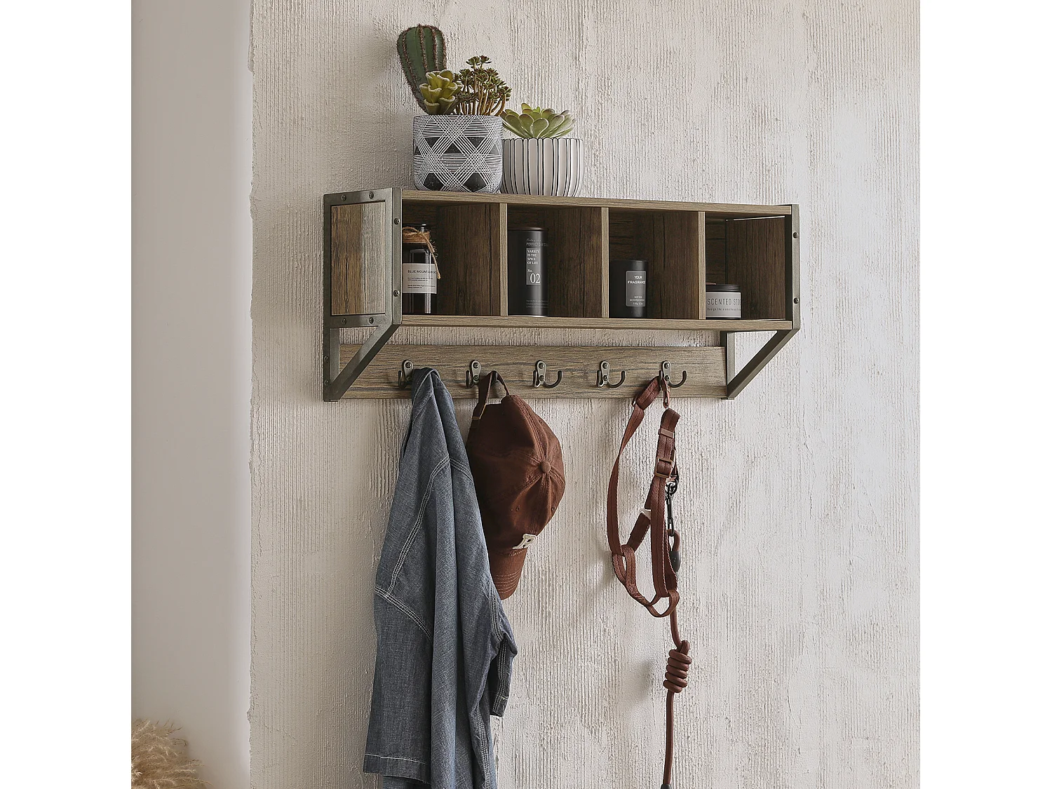 SoBuy FHK25-N Wandkapstok - Muur / Wand Kapstok - Wandplank - Entree Kleedkamer Meubels - Badkamermeubel met 4 Compartimenten en 5 Dubbele Haken