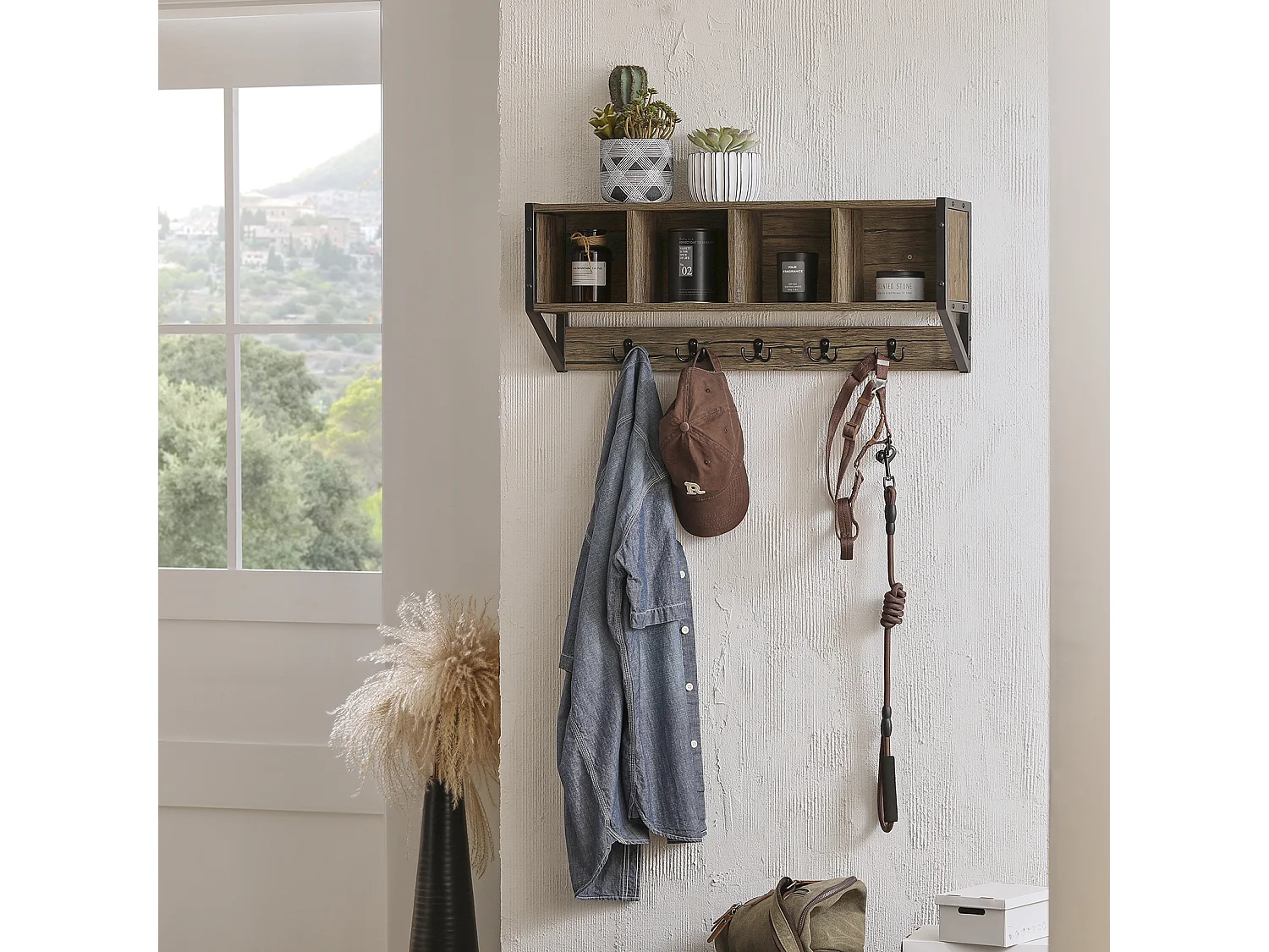 SoBuy FHK25-N Wandkapstok - Muur / Wand Kapstok - Wandplank - Entree Kleedkamer Meubels - Badkamermeubel met 4 Compartimenten en 5 Dubbele Haken