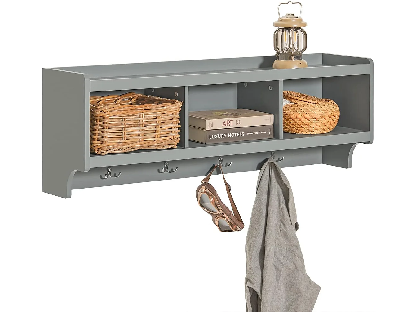 SoBuy FHK28-HG Kapstokken - Kapstok - Wandkapstok - Muur / Wand Kapstok - Wandplank Garderobe met 3 Compartimenten en 4 Dubbele Haken