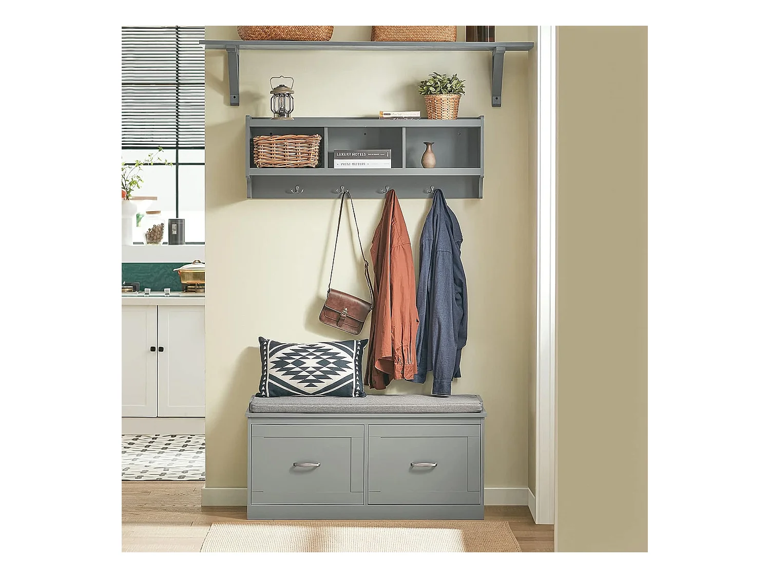 SoBuy FHK28-HG Kapstokken - Kapstok - Wandkapstok - Muur / Wand Kapstok - Wandplank Garderobe met 3 Compartimenten en 4 Dubbele Haken