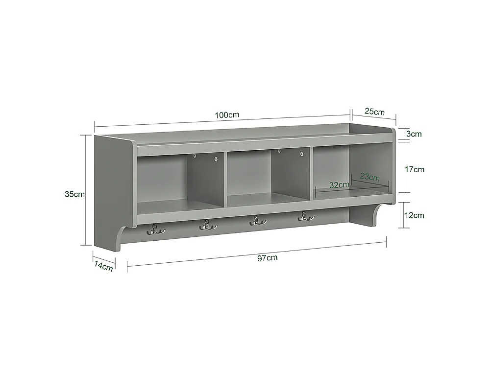 SoBuy FHK28-HG Kapstokken - Kapstok - Wandkapstok - Muur / Wand Kapstok - Wandplank Garderobe met 3 Compartimenten en 4 Dubbele Haken