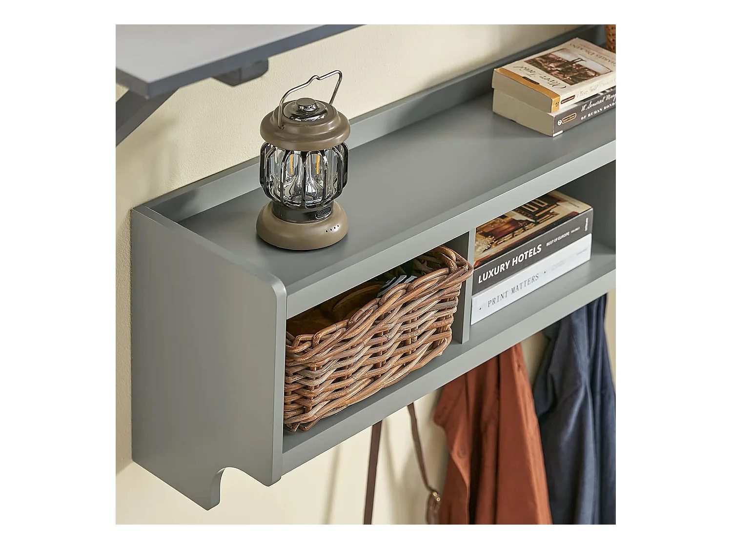 SoBuy FHK28-HG Kapstokken - Kapstok - Wandkapstok - Muur / Wand Kapstok - Wandplank Garderobe met 3 Compartimenten en 4 Dubbele Haken