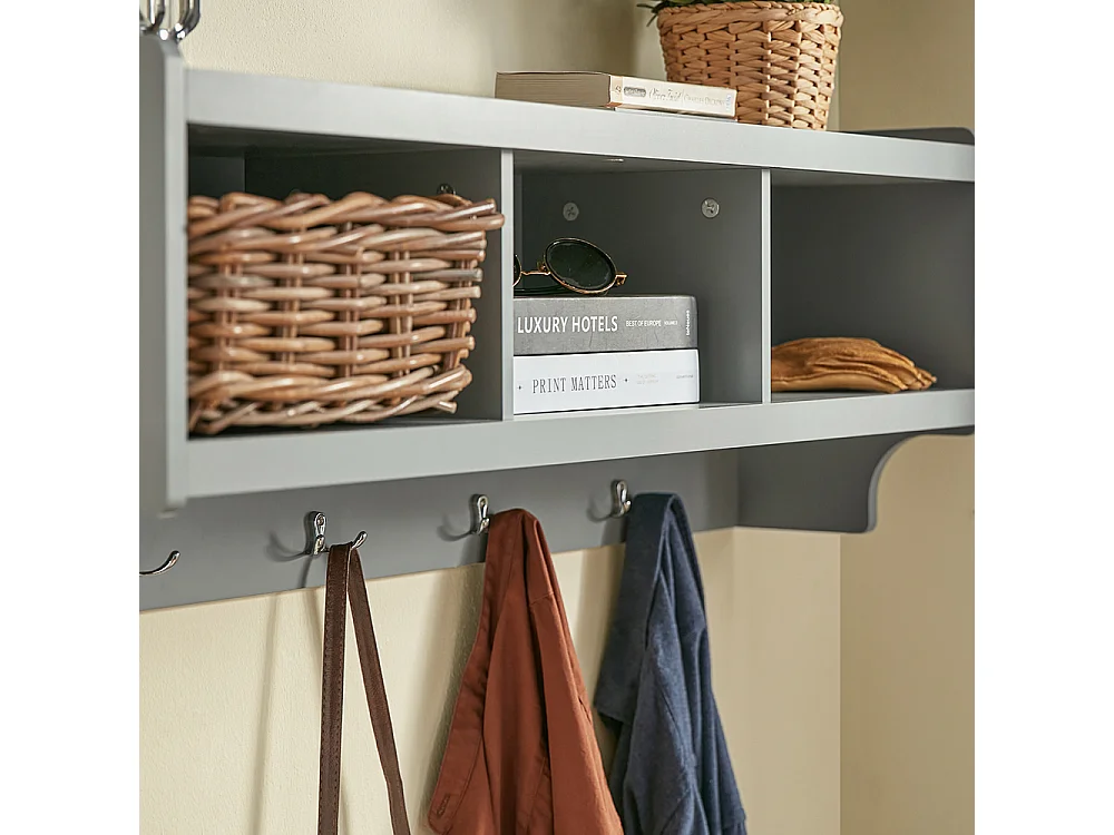 SoBuy FHK28-HG Kapstokken - Kapstok - Wandkapstok - Muur / Wand Kapstok - Wandplank Garderobe met 3 Compartimenten en 4 Dubbele Haken