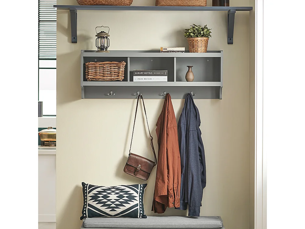 SoBuy FHK28-HG Kapstokken - Kapstok - Wandkapstok - Muur / Wand Kapstok - Wandplank Garderobe met 3 Compartimenten en 4 Dubbele Haken