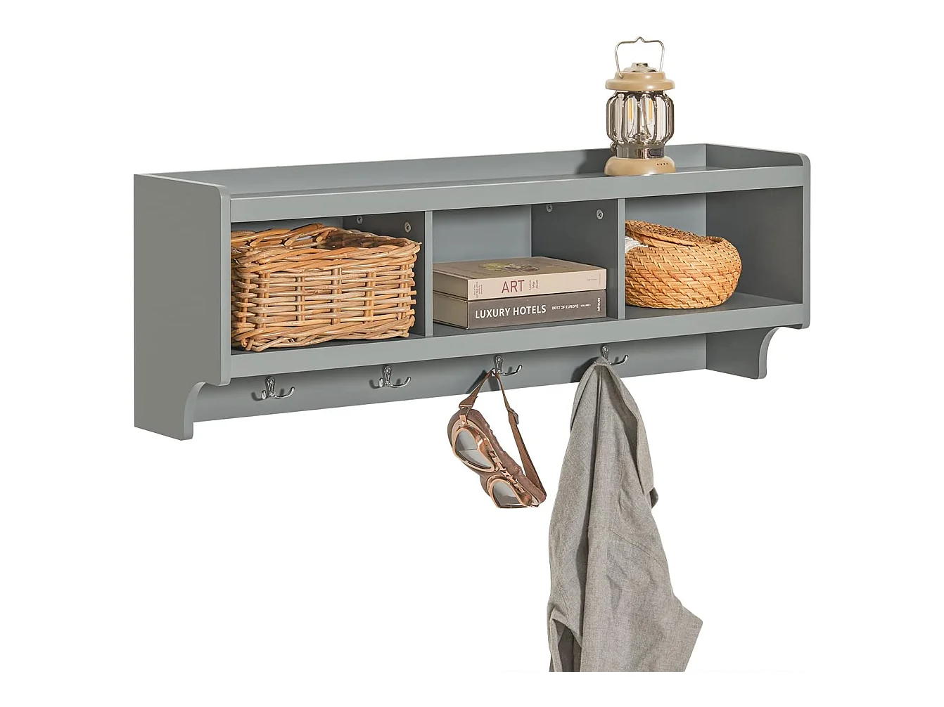 Porte Manteau Mural, Étagère de Rangement Vestiaire avec 3 Compartiments et 4 Crochets, FHK28-HG