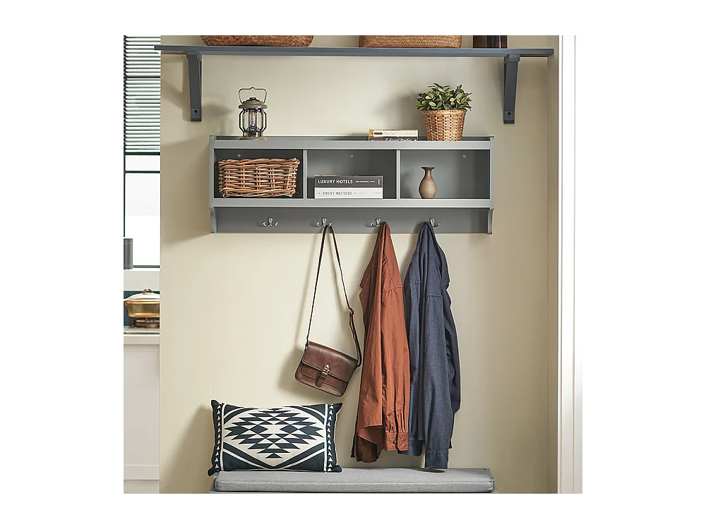 Porte Manteau Mural, Étagère de Rangement Vestiaire avec 3 Compartiments et 4 Crochets, FHK28-HG