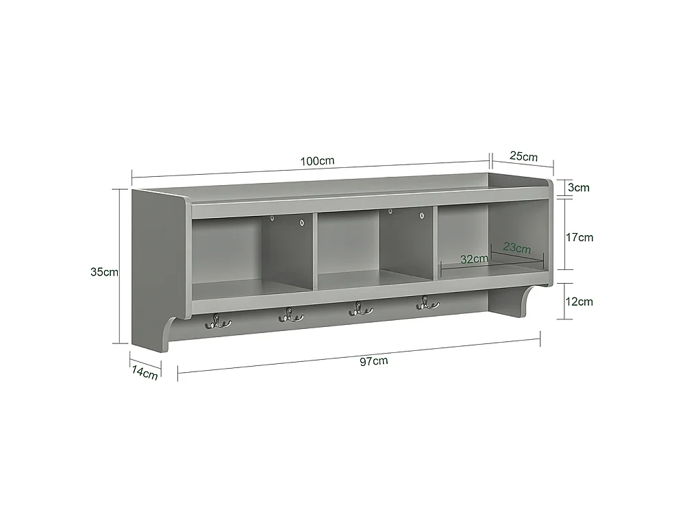 SoBuy FHK28-HG Kapstokken - Kapstok - Wandkapstok - Muur / Wand Kapstok - Wandplank Garderobe met 3 Compartimenten en 4 Dubbele Haken