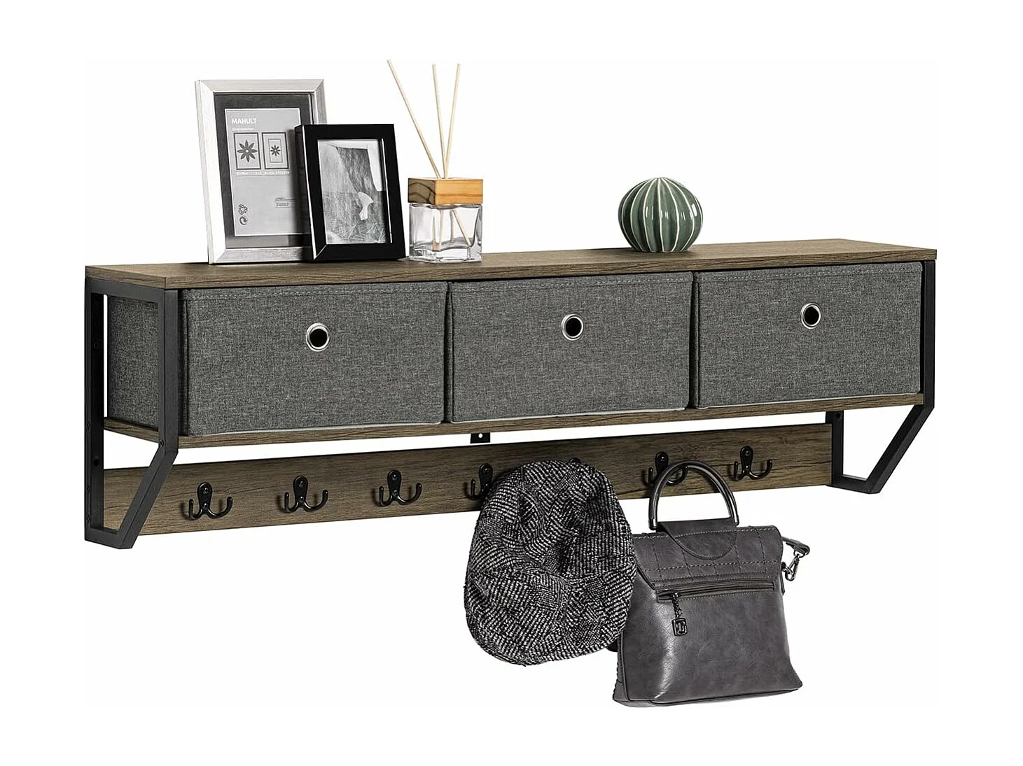 SoBuy FHK26-N Wandkapstok - Muur / Wand Kapstok - Hangende Muurkapstok - Gang Kledingkast - Hangplank met 3 manden en 7 haken - Metaal en Hout