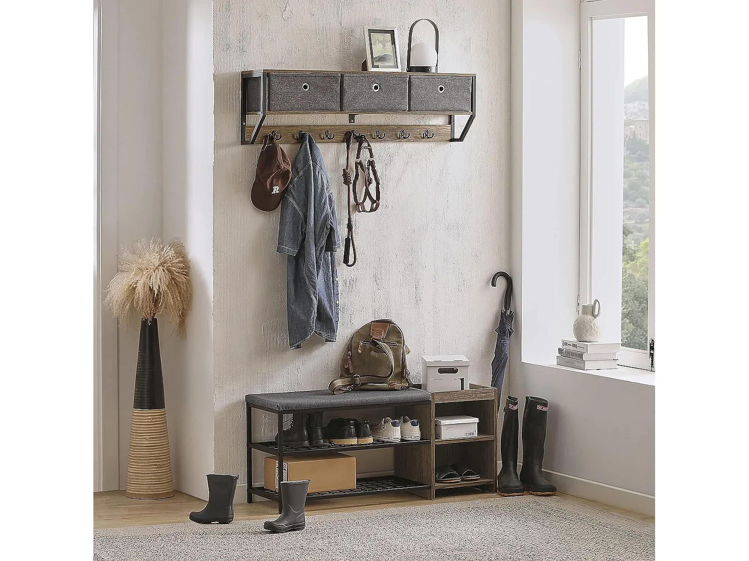 SoBuy FHK26-N Wandkapstok - Muur / Wand Kapstok - Hangende Muurkapstok - Gang Kledingkast - Hangplank met 3 manden en 7 haken - Metaal en Hout