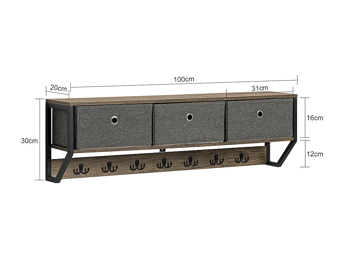 SoBuy FHK26-N Wandkapstok - Muur / Wand Kapstok - Hangende Muurkapstok - Gang Kledingkast - Hangplank met 3 manden en 7 haken - Metaal en Hout