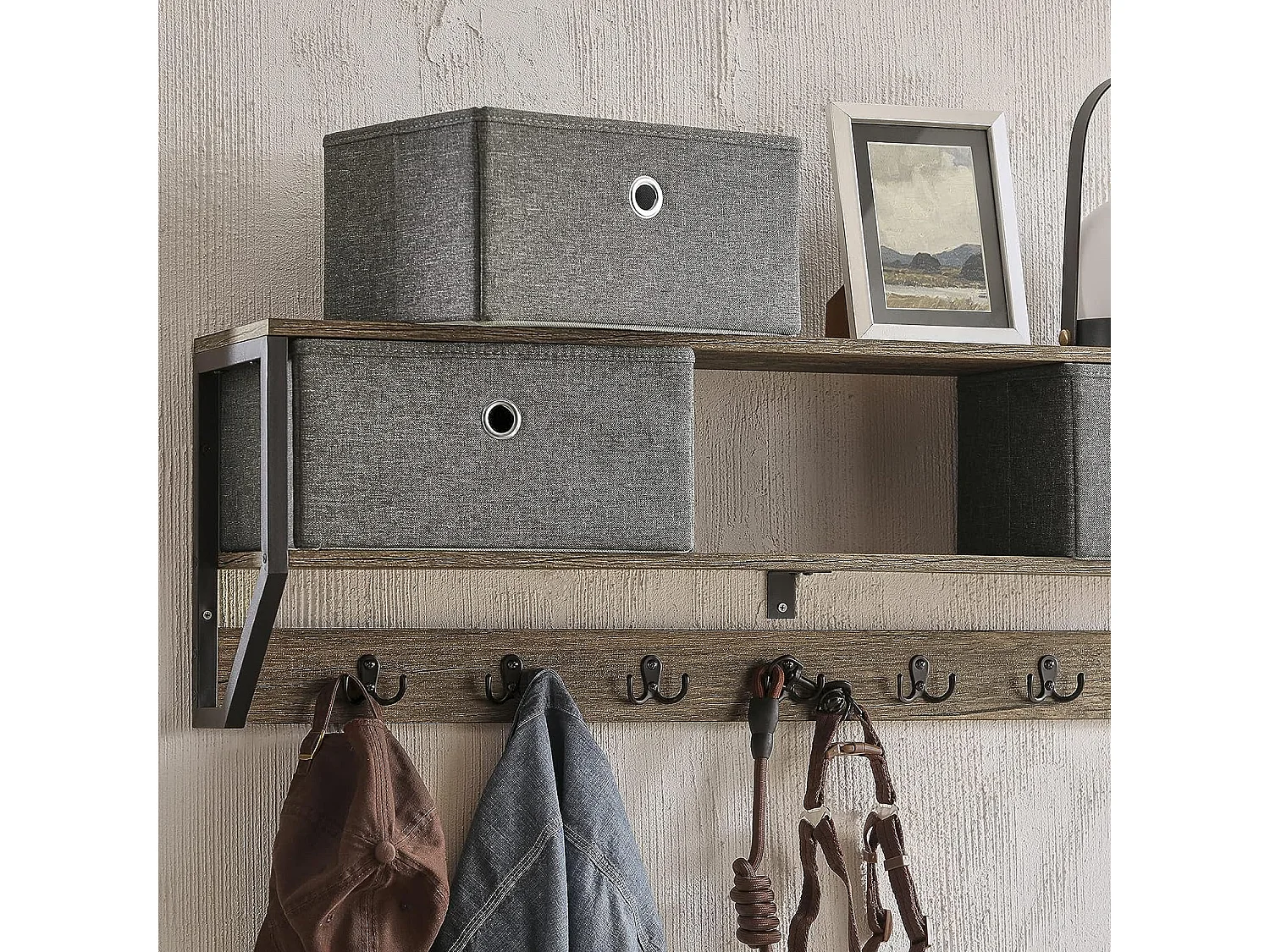 SoBuy FHK26-N Wandkapstok - Muur / Wand Kapstok - Hangende Muurkapstok - Gang Kledingkast - Hangplank met 3 manden en 7 haken - Metaal en Hout