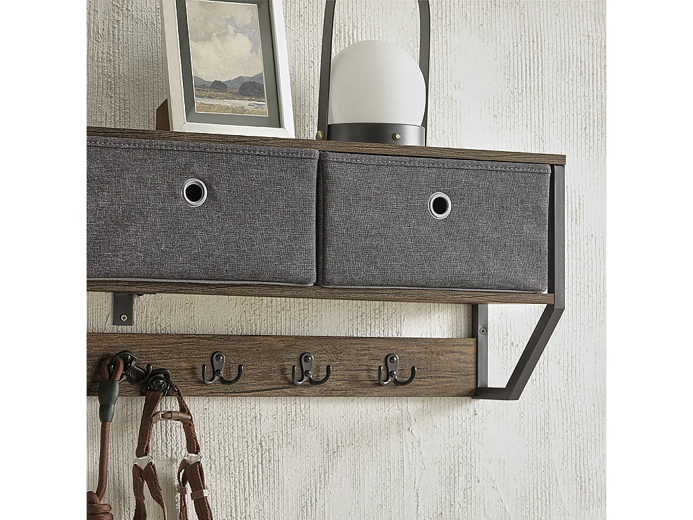 SoBuy FHK26-N Wandkapstok - Muur / Wand Kapstok - Hangende Muurkapstok - Gang Kledingkast - Hangplank met 3 manden en 7 haken - Metaal en Hout