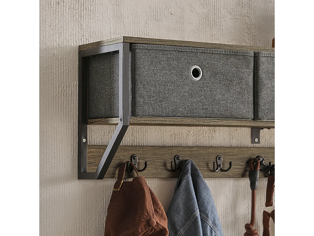 SoBuy FHK26-N Wandkapstok - Muur / Wand Kapstok - Hangende Muurkapstok - Gang Kledingkast - Hangplank met 3 manden en 7 haken - Metaal en Hout