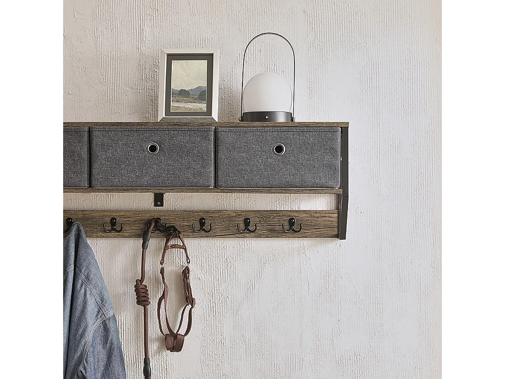 SoBuy FHK26-N Wandkapstok - Muur / Wand Kapstok - Hangende Muurkapstok - Gang Kledingkast - Hangplank met 3 manden en 7 haken - Metaal en Hout