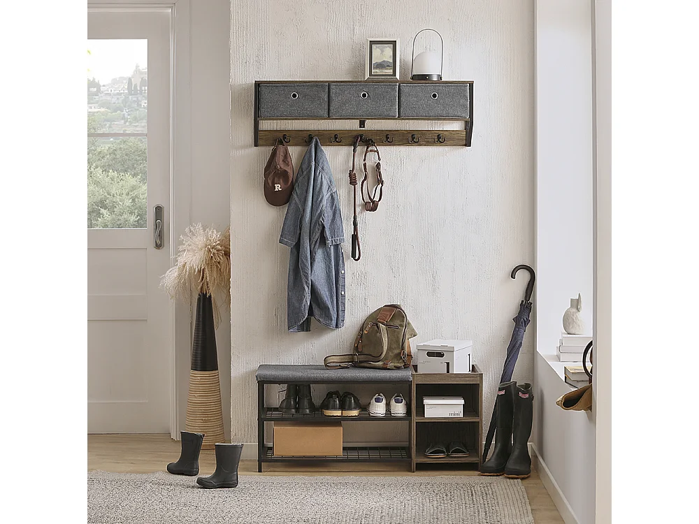 SoBuy FHK26-N Wandkapstok - Muur / Wand Kapstok - Hangende Muurkapstok - Gang Kledingkast - Hangplank met 3 manden en 7 haken - Metaal en Hout