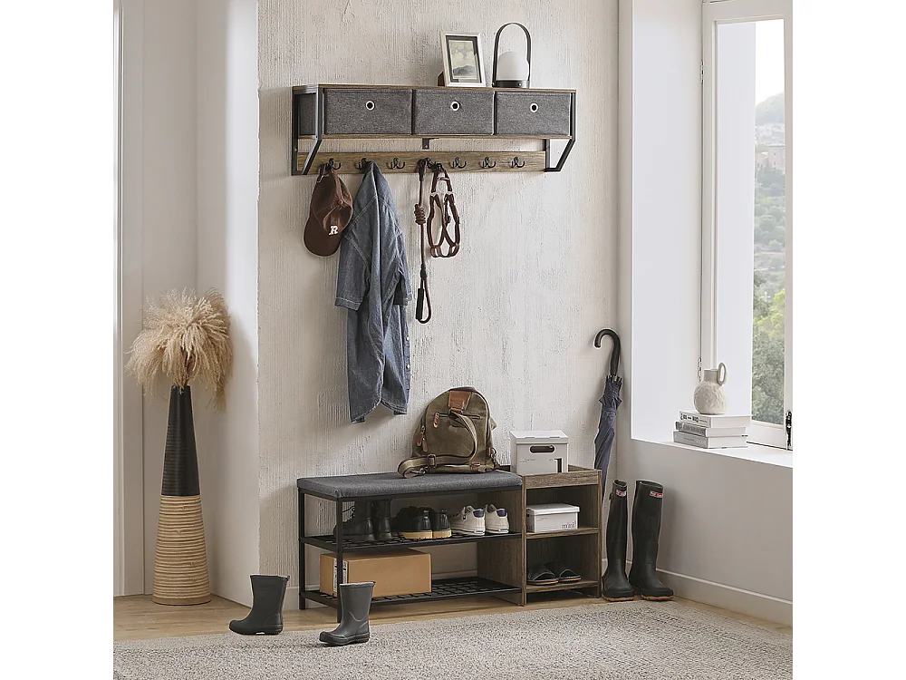 SoBuy FHK26-N Wandkapstok - Muur / Wand Kapstok - Hangende Muurkapstok - Gang Kledingkast - Hangplank met 3 manden en 7 haken - Metaal en Hout