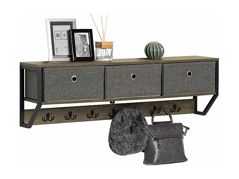 SoBuy FHK26-N Wandkapstok - Muur / Wand Kapstok - Hangende Muurkapstok - Gang Kledingkast - Hangplank met 3 manden en 7 haken - Metaal en Hout