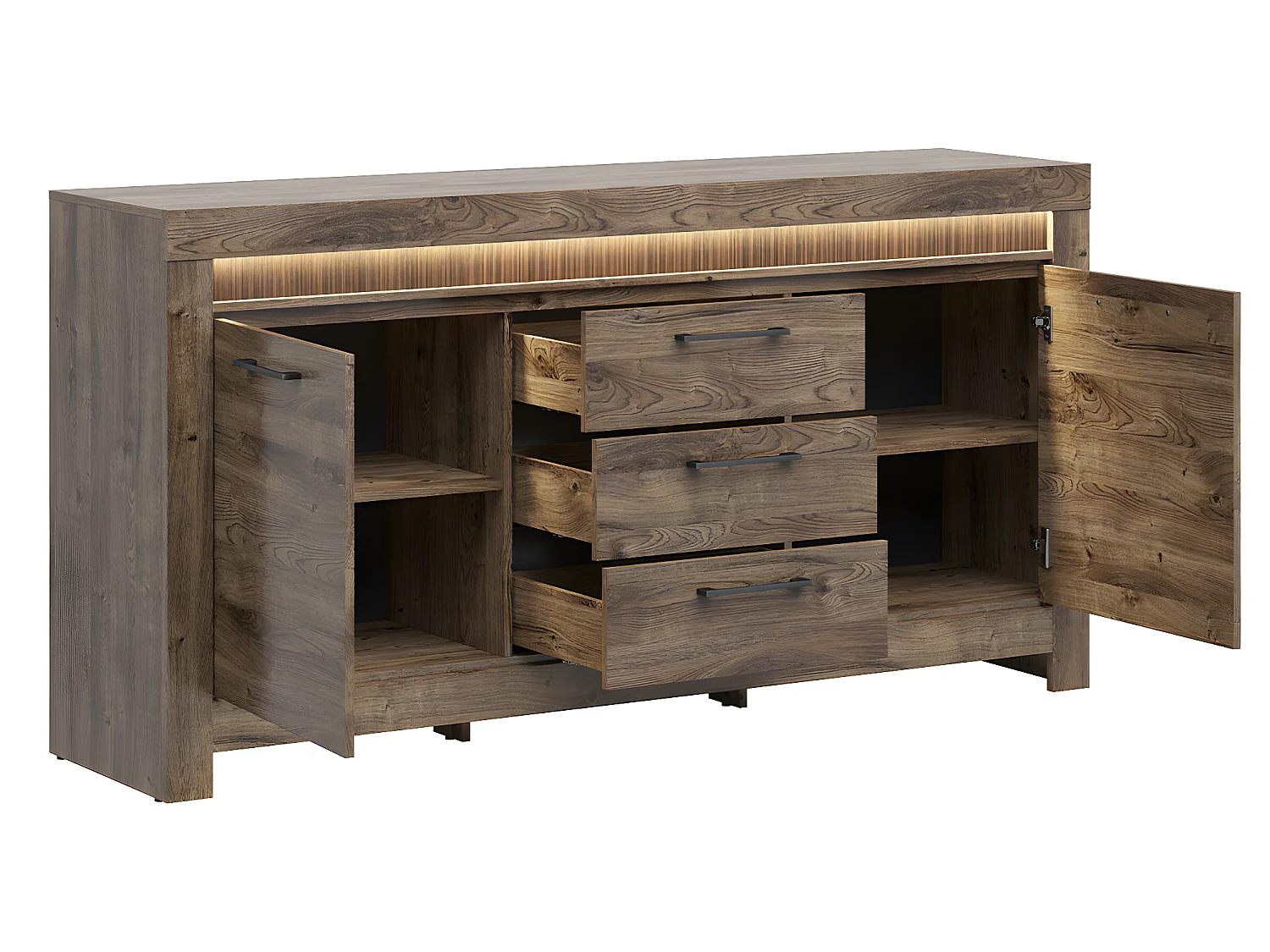 Buffet 2 portes 3 tiroirs LED inclus Amaury Bois