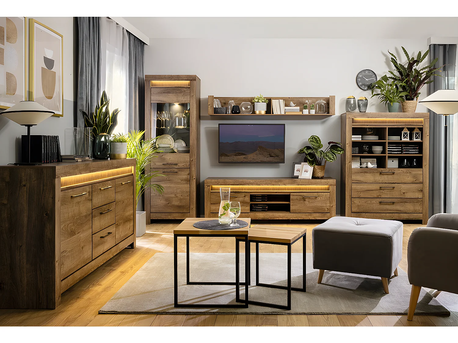 Buffet 2 portes 3 tiroirs LED inclus Amaury Bois