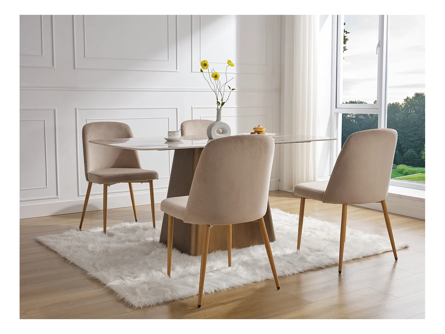 Lot de 6 chaises en velours et métal effet bois - Beige - MINAGRI