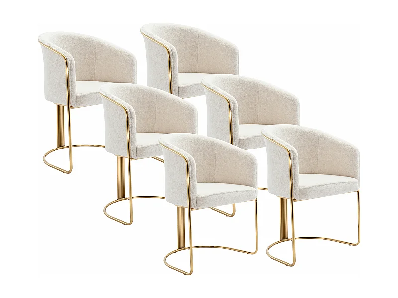 Lot de 6 chaises avec accoudoirs en tissu bouclette et métal - Blanc et doré - JOSETHE de Pascal MORABITO