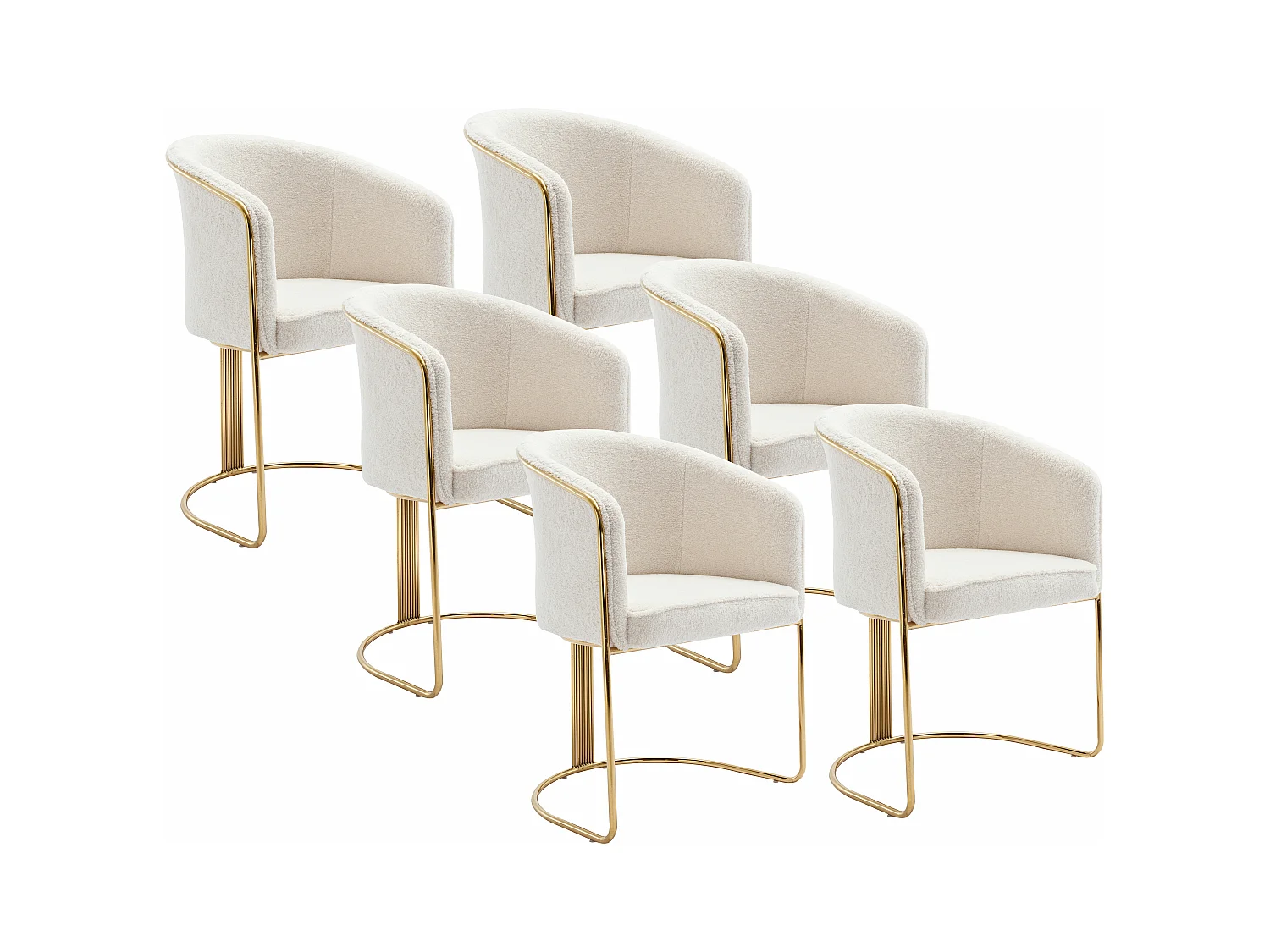 Lot de 6 chaises avec accoudoirs en tissu bouclette et métal - Blanc et doré - JOSETHE de Pascal MORABITO