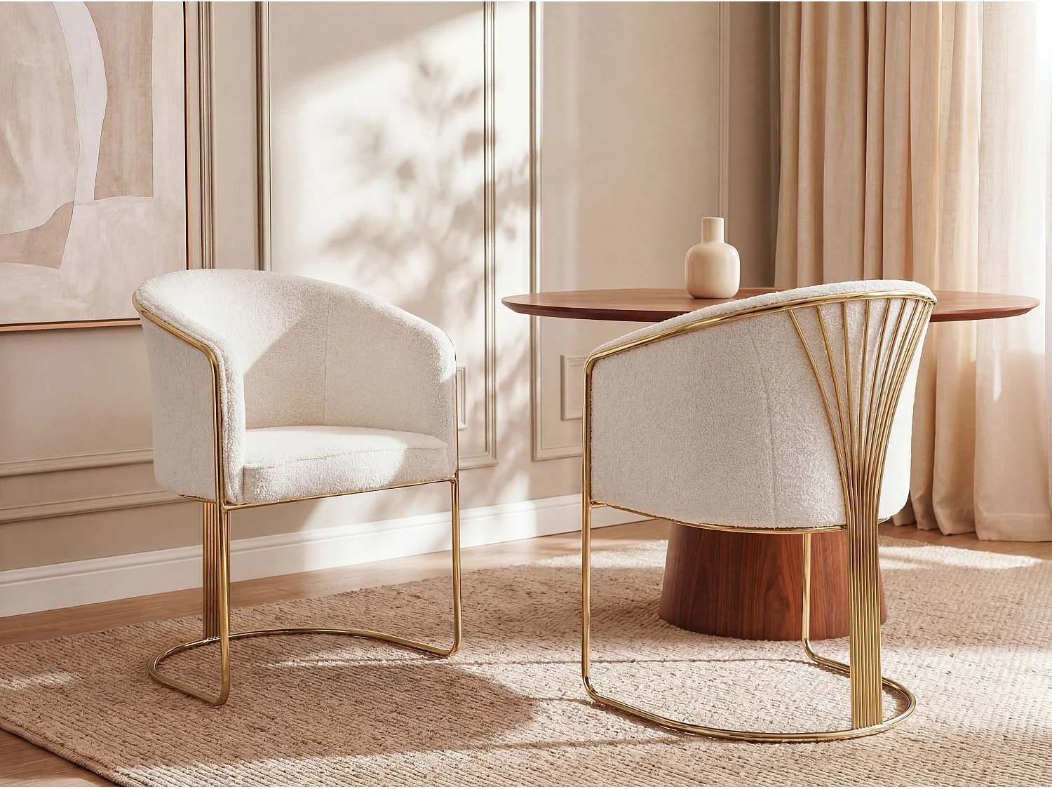 Lot de 6 chaises avec accoudoirs en tissu bouclette et métal - Blanc et doré - JOSETHE