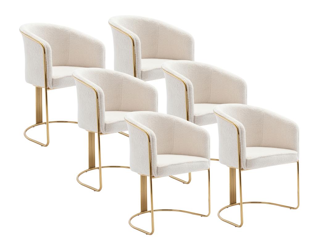 Lot de 6 chaises avec accoudoirs en tissu bouclette et métal - Blanc et doré - JOSETHE de Pascal MORABITO