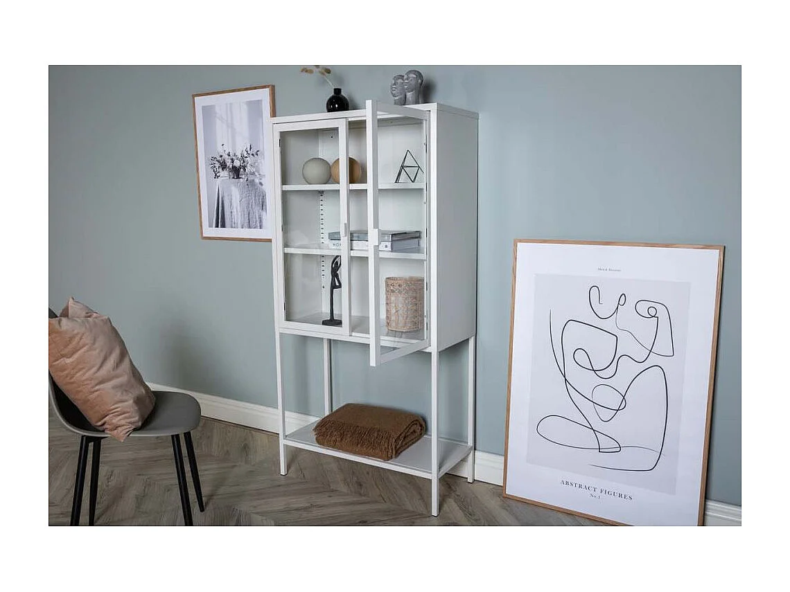 Misha Armoire vitrine 2 portes, 4 tablettes de rangement, blanc.
