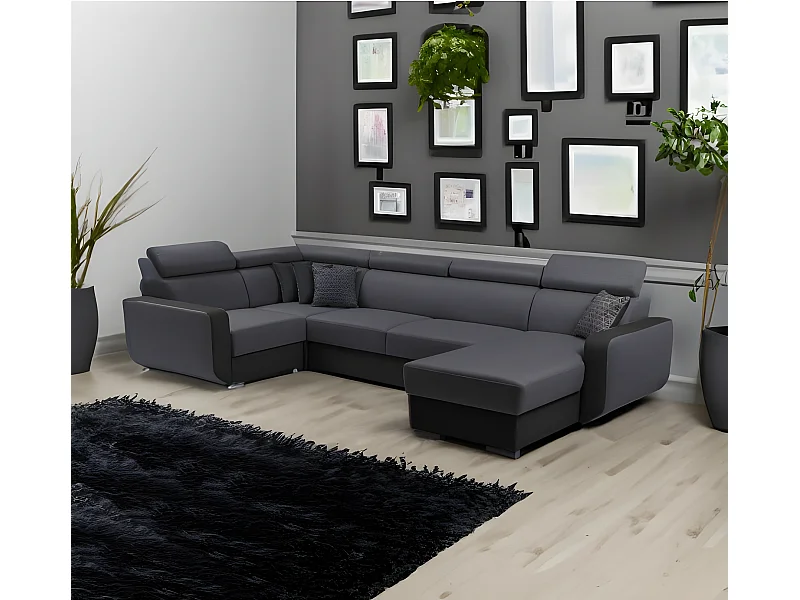 Canapé panoramique convertible EMPERO U en tissu et simili gris et noir