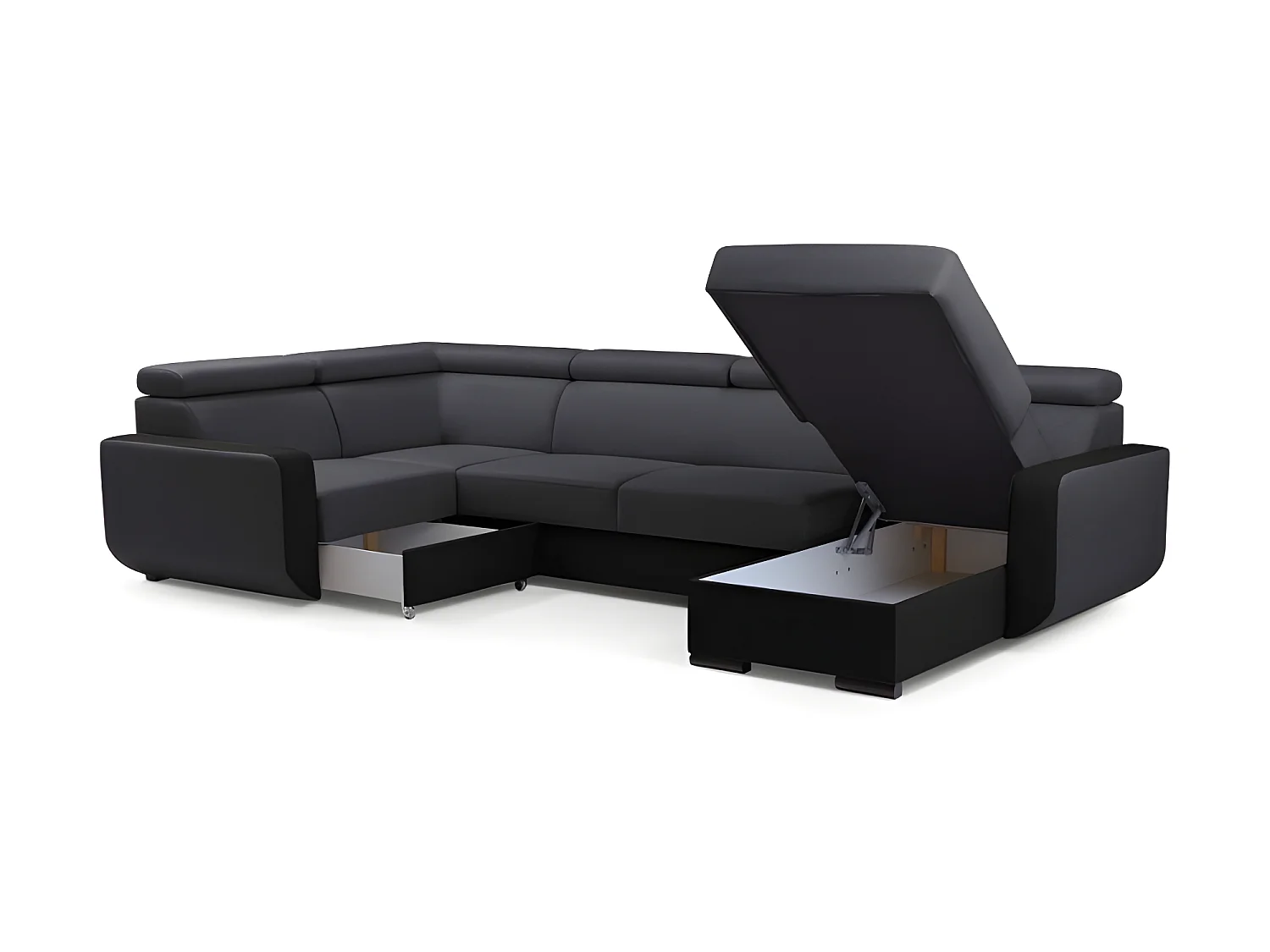 Canapé panoramique convertible EMPERO U en tissu et simili gris et noir