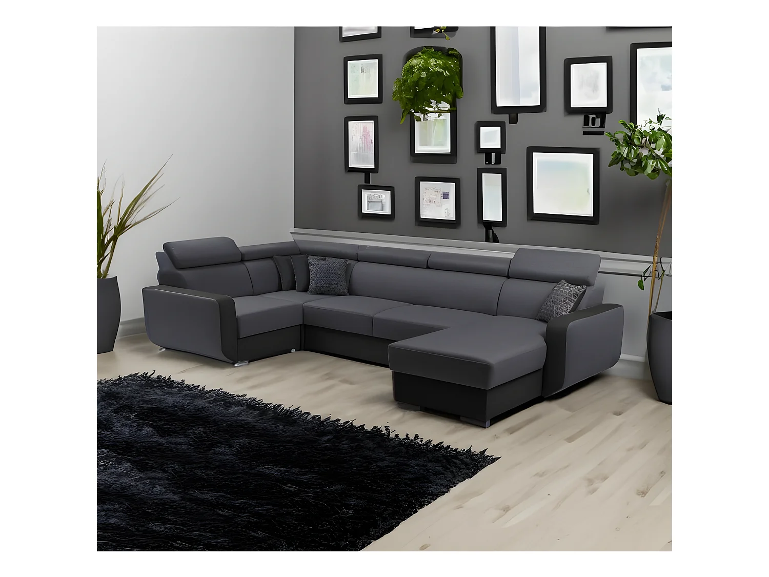 Canapé panoramique convertible EMPERO U en tissu et simili gris et noir