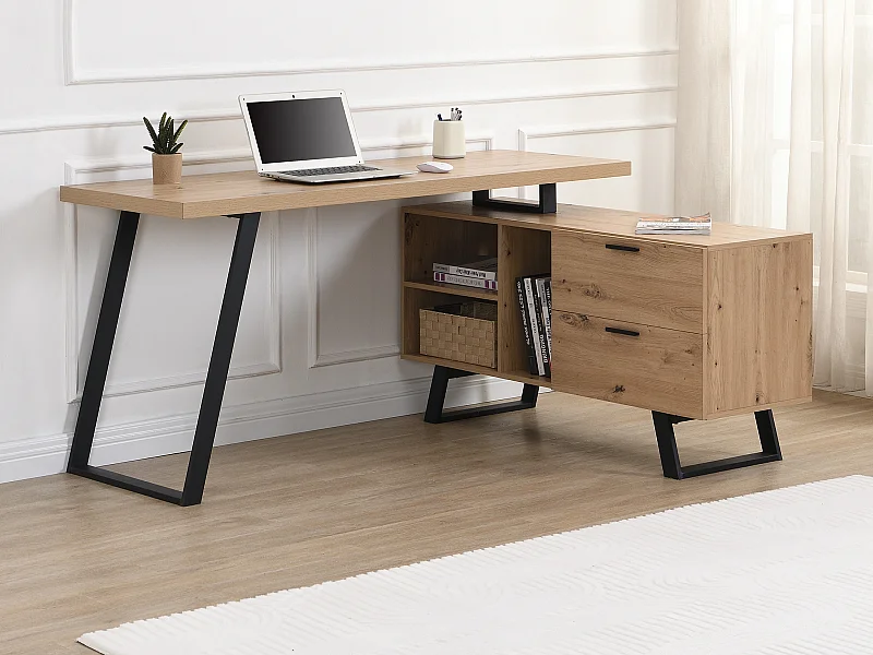 Bureau d'angle avec rangements - MDF - Coloris : Naturel et noir - NAYARO