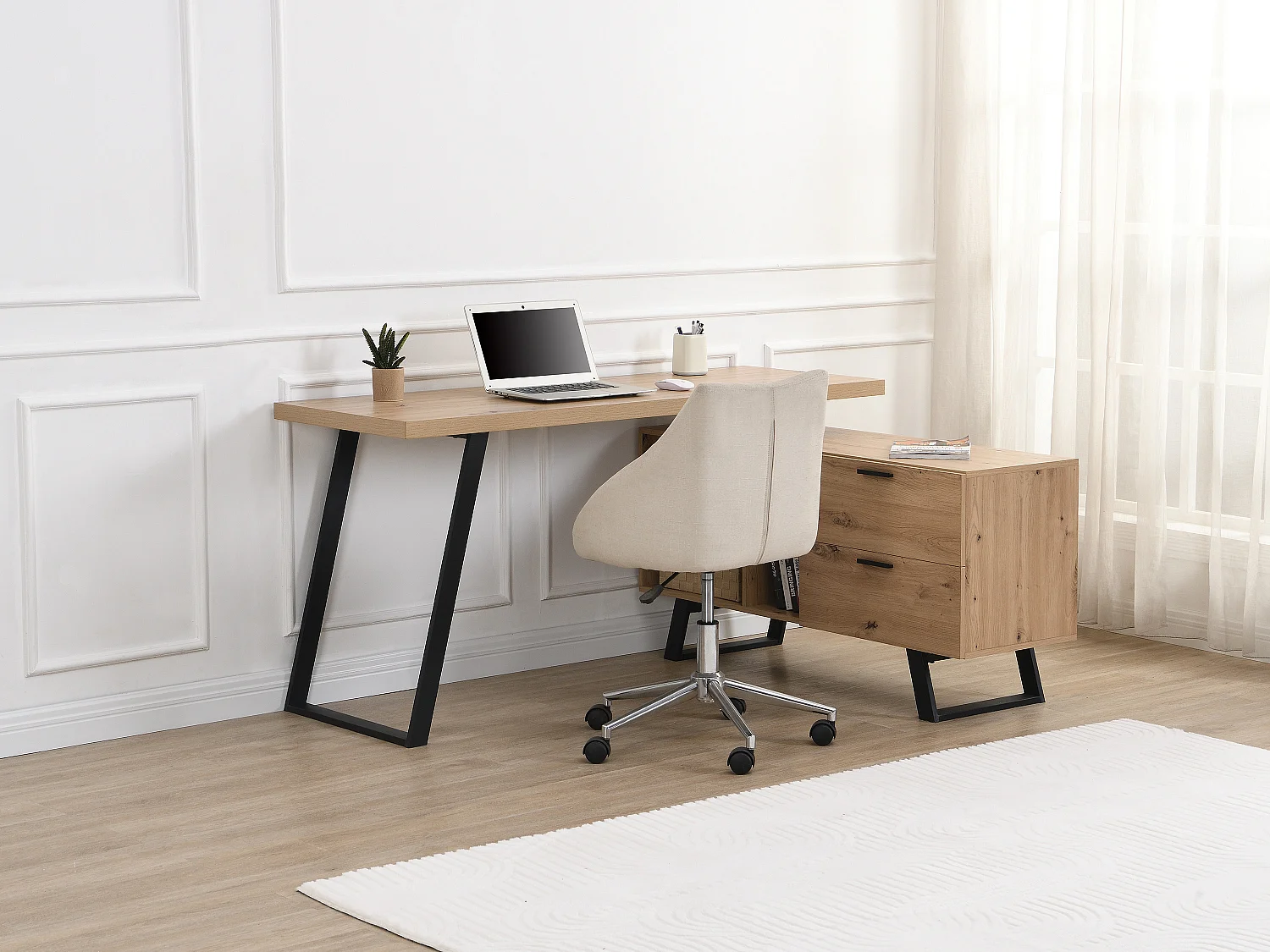 Hoekbureau met opbergruimte - Mdf - Kleur: naturel en zwart - NAYARO