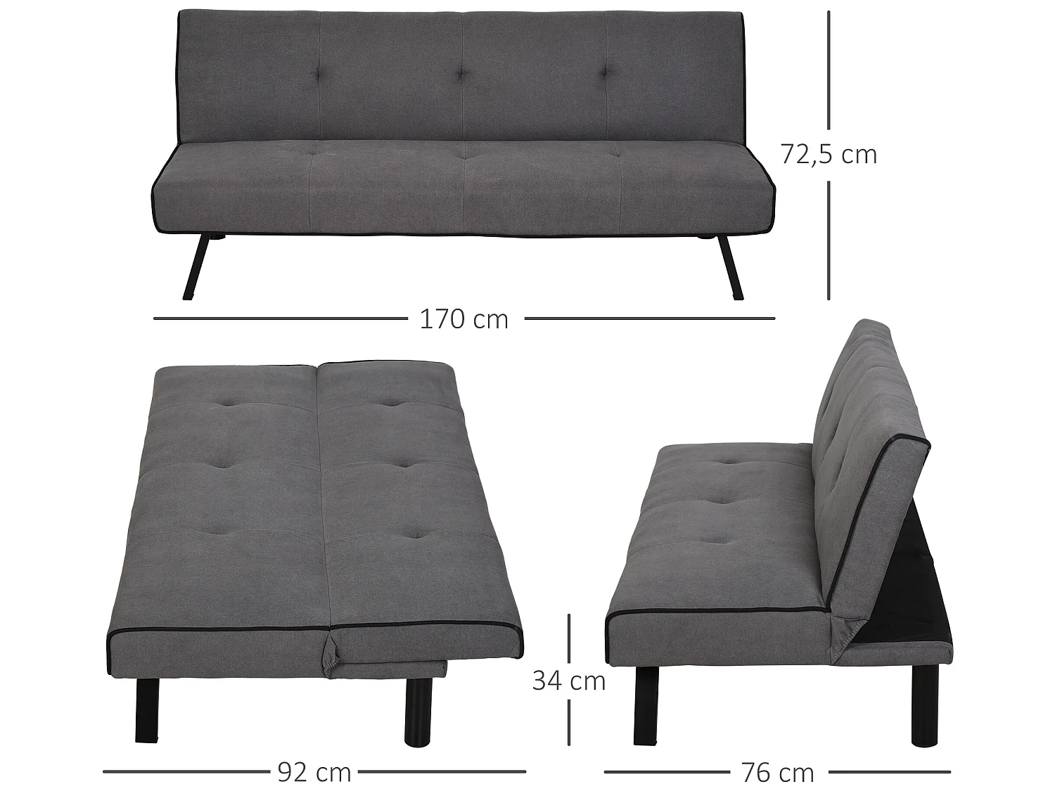 Sofá cama gris 170x76x72,5 cm HOMCOM