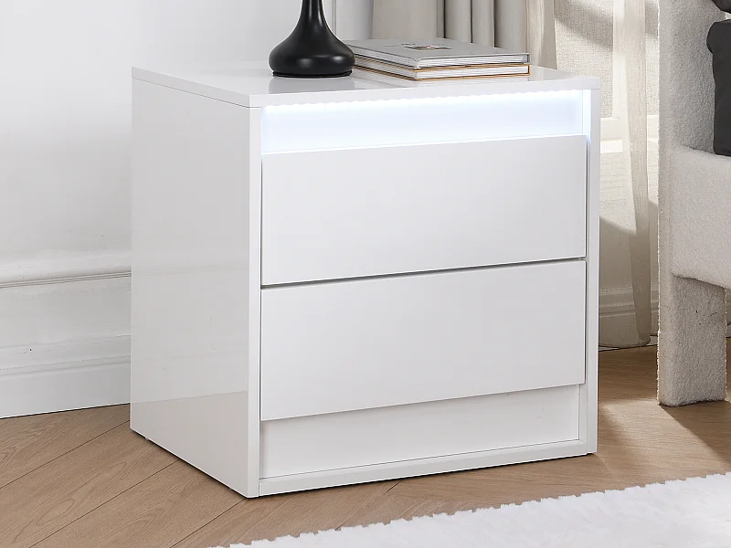 Table de chevet 2 tiroirs - Avec LEDs - MDF - Blanc - RUKALO