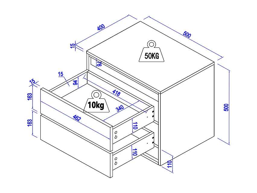 Table de chevet 2 tiroirs - Avec LEDs - MDF - Blanc - RUKALO