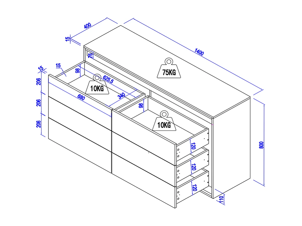 Commode 6 tiroirs - Avec LEDs - MDF - Blanc - RUKALO