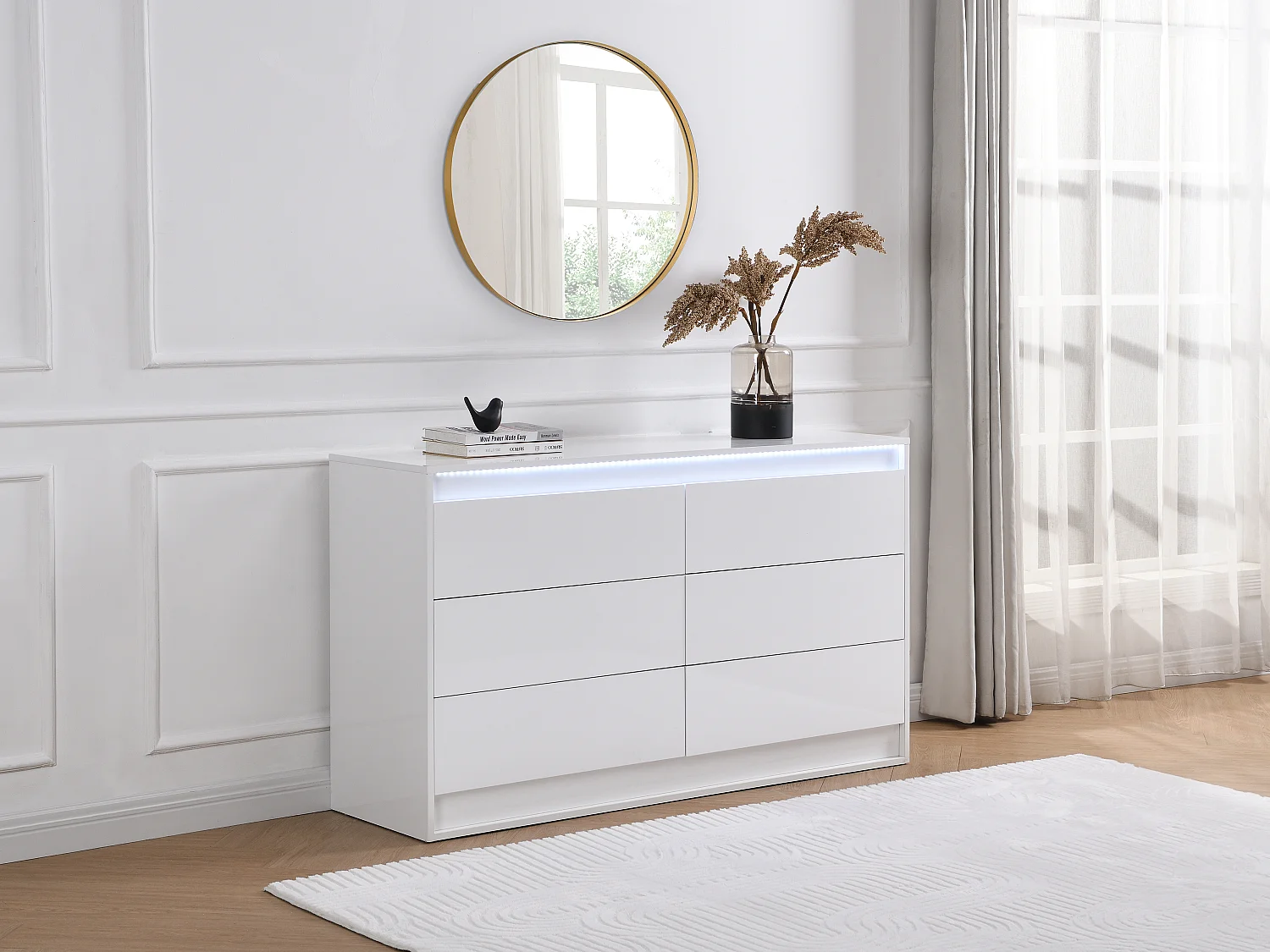 Commode 6 tiroirs - Avec LEDs - MDF - Blanc - RUKALO