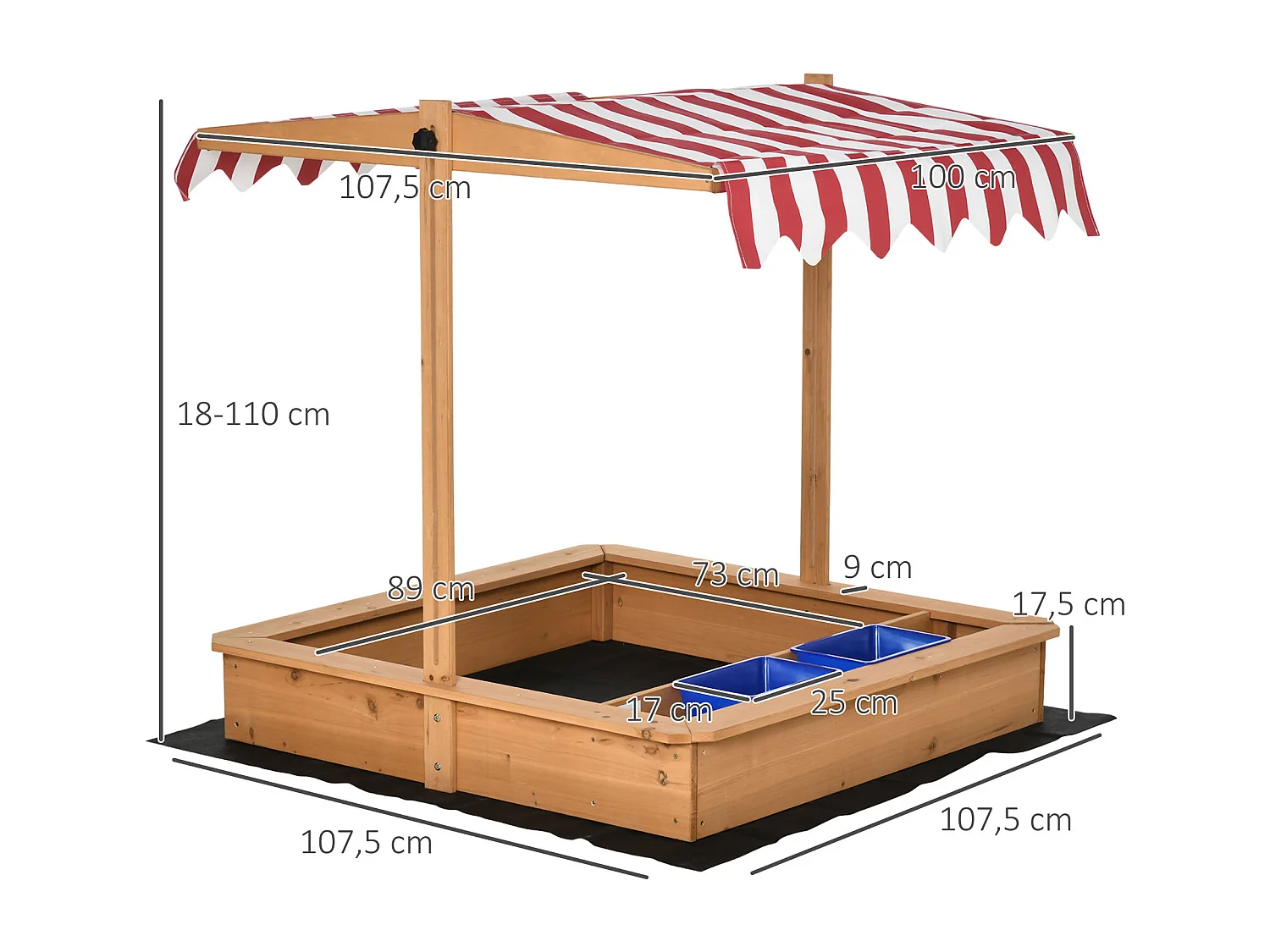 Arenero infantil madera natural 107.5x107.5x110 cm Outsunny